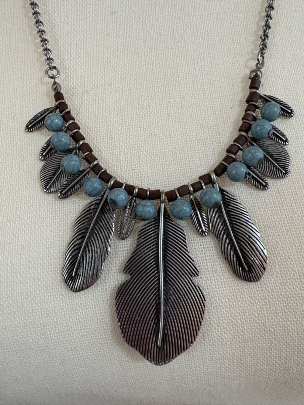 Boho Silver Feather Necklace with Blue Bead Accents